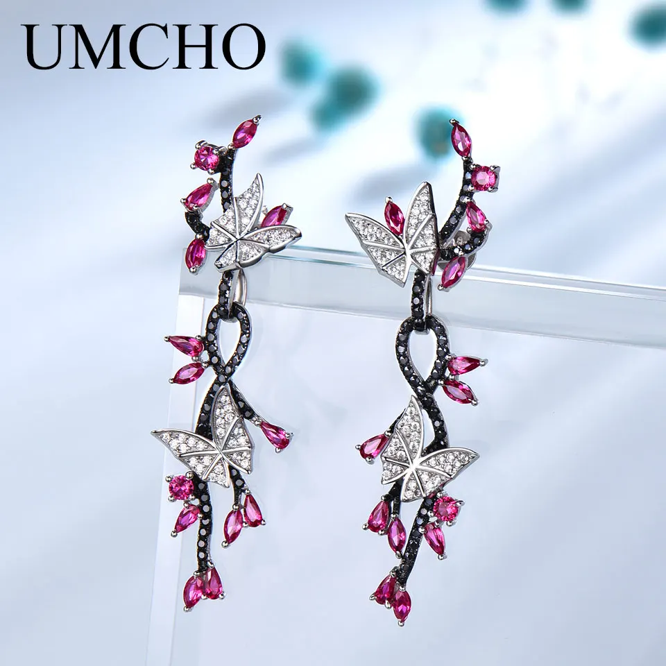 UMCHO, Роскошные, с бабочкой, настоящее 925 пробы, серебряные ювелирные изделия, создан рубин, черная шпинель, серьги, специальные подарки для женщин, хорошее ювелирное изделие