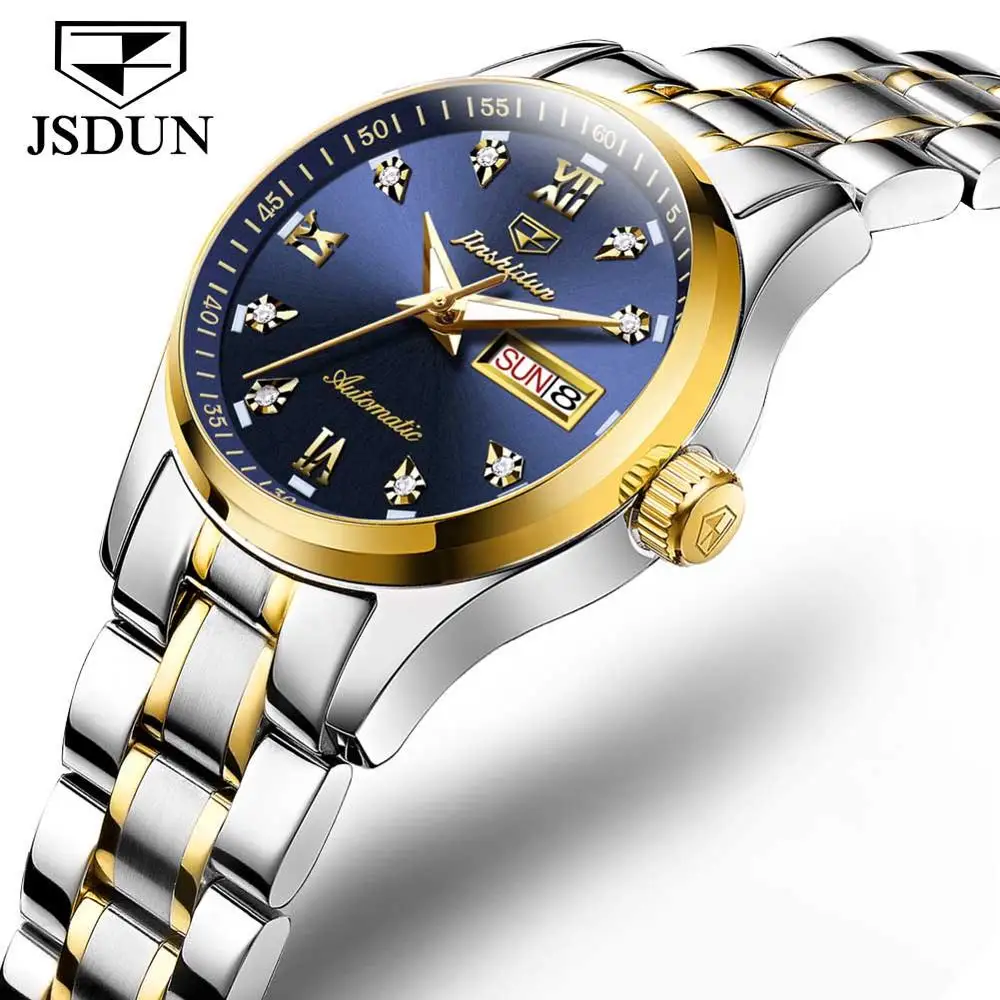 Blue Gold JSDUN полностью автоматические механические Женские часы Роскошный бренд японские наручные часы из нержавеющей стали женские часы календарь - Цвет: Blue Gold