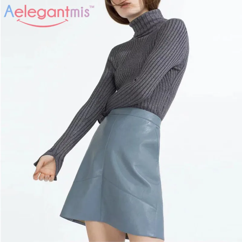 Aelegantmis, высокое качество, осень, модная женская юбка из искусственной кожи, высокая талия, а-силуэт, мини юбки, сексуальные для женщин