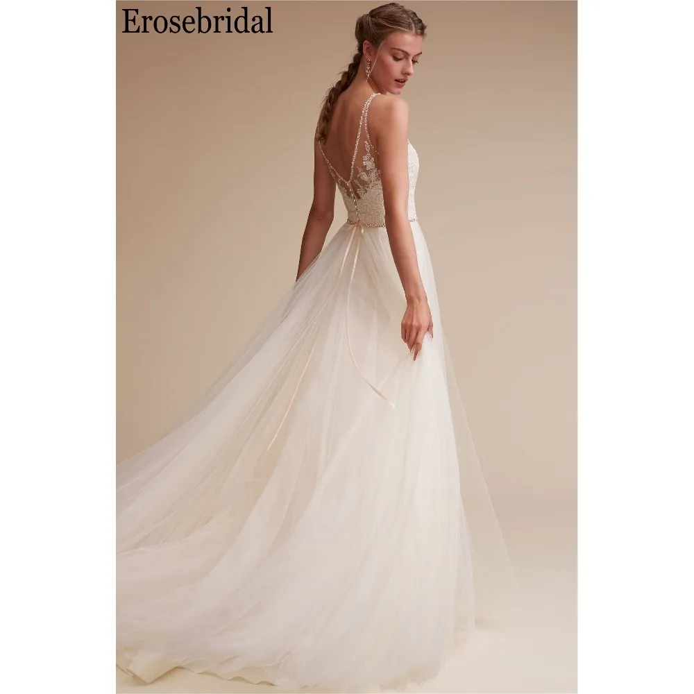 Erosebridal простое свадебное платье Линия бисера V шеи Элегантный пляжное съемный