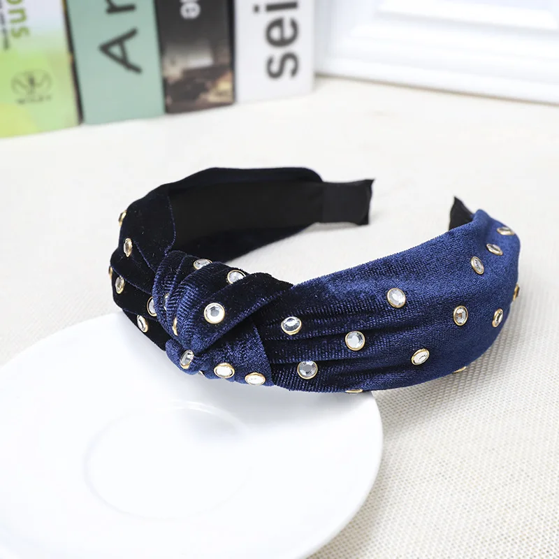 Bohemian New Solid Color Soft Velvet Hairband Wide Hair Band with Metal Headband Crystal Hair Accessories For Women Girl