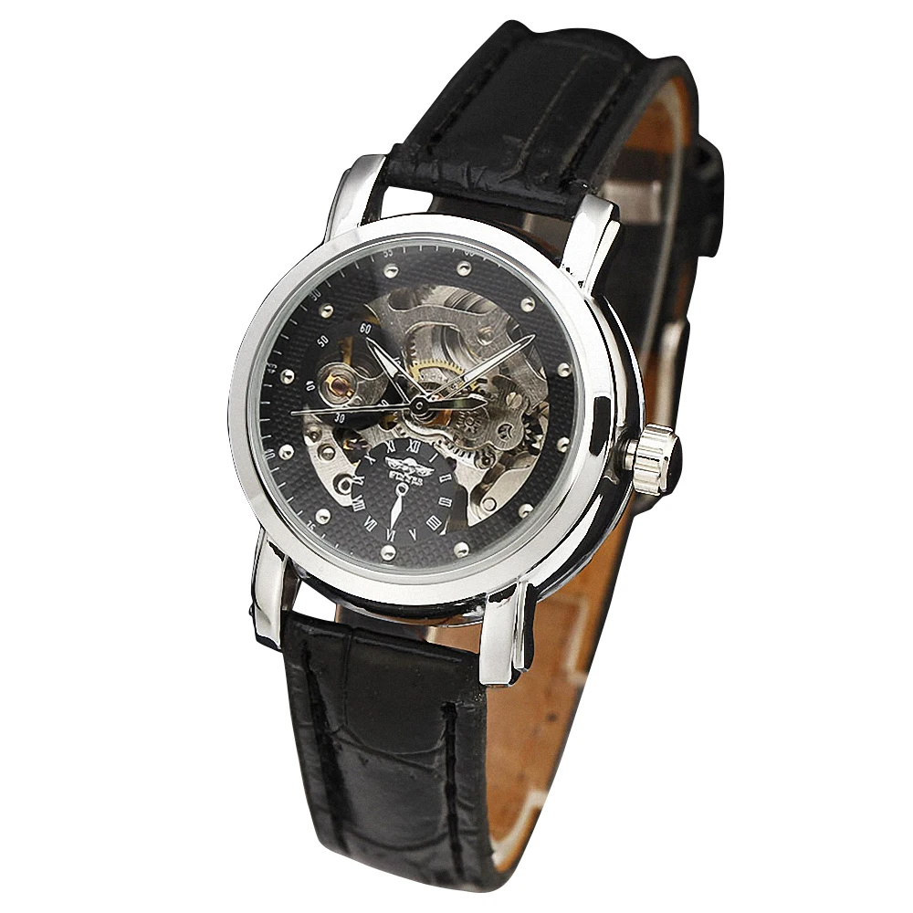 Женские автоматические механические часы WINNER черные наручные с кожаным ремешком