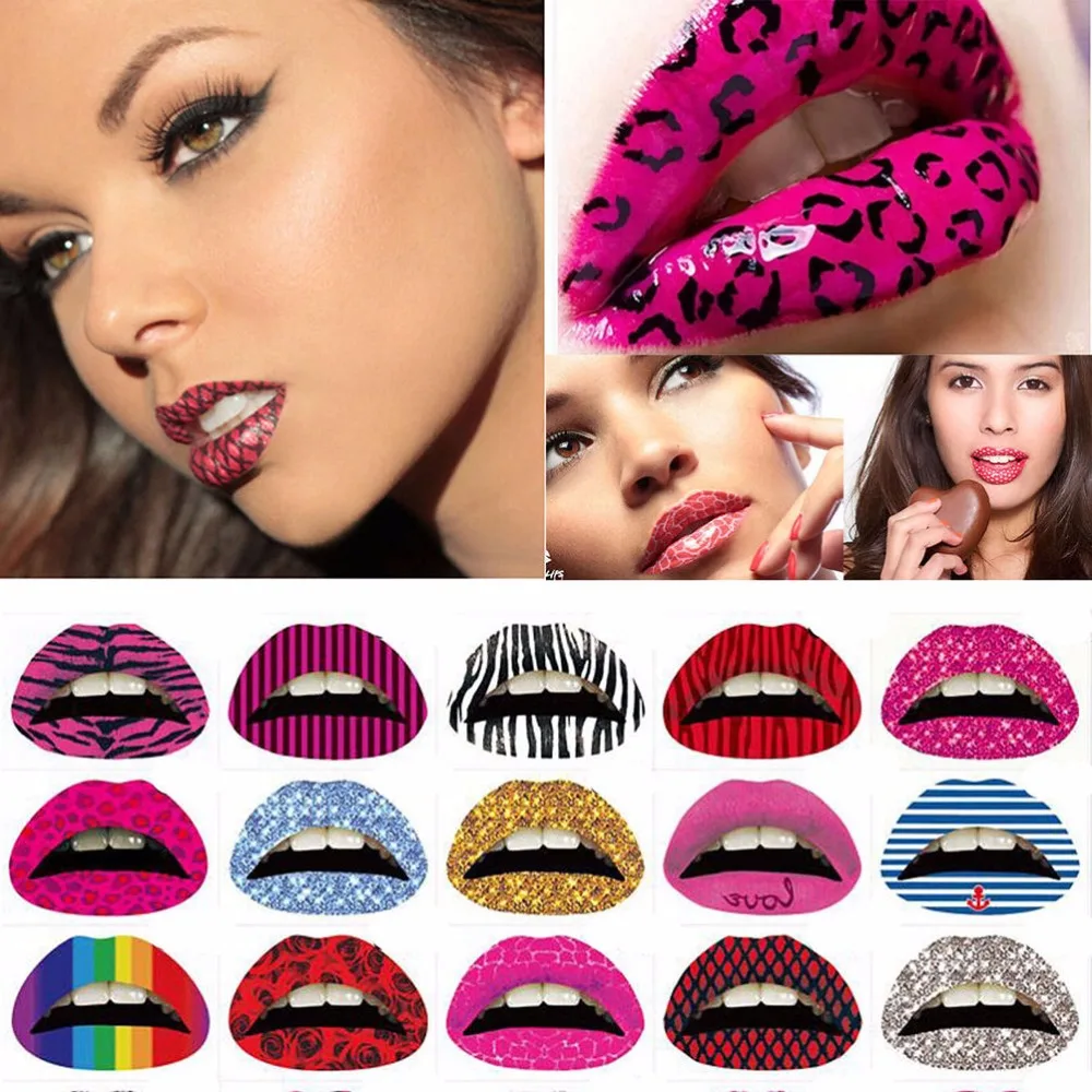 

Hot 3Pcs Beautiful 3D Art Lips Sticker Tattoos Glitter Pink Sexy Pattern Makeup Tattoo Lip Stickers Makeup Tools Factory Price