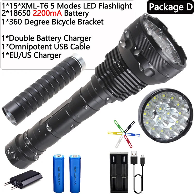 Package D Самая мощная 15 x XM-T6 8800mA батарея высокой мощности 5 режимов Светодиодный светильник-вспышка светодиодный фонарь linternas водонепроницаемый светильник-вспышка - Испускаемый цвет: Package D