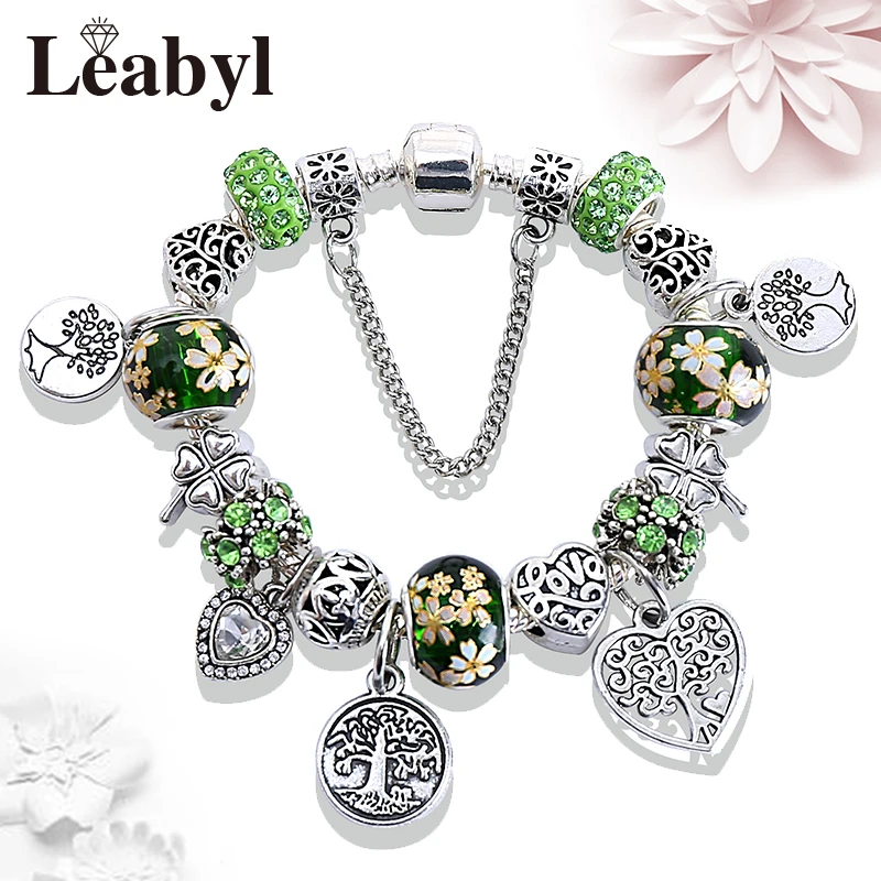 Leabyl Mix Green Tree of Life Charm Bracelet Silver Color Heart Pendant Bead Fashion Jewelry Gift for Women Child|jewelry bracelet|beaded jewelrytree