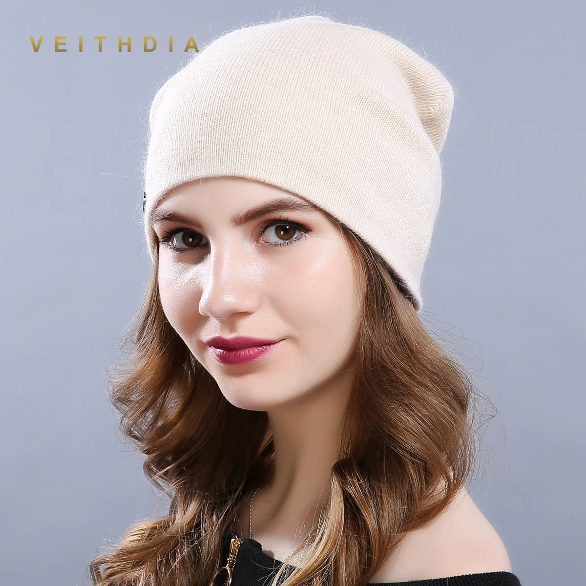 VEITHDIA, женские шапки, женские, шерстяные, повседневные, Осень-зима, брендовые, новые, двухслойные, толстые,, одноцветные, вязаные, для девочек, Skullies Beanies - Цвет: Бежевый