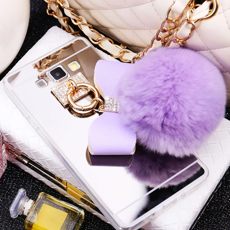 Ainike Diamond Mirror TPU With Pendant Rabbit Fur Ball Tassel Phone Case Cover For Samsung Galaxy S8 Plus A320 A520 J7 C9 C8 A8 |