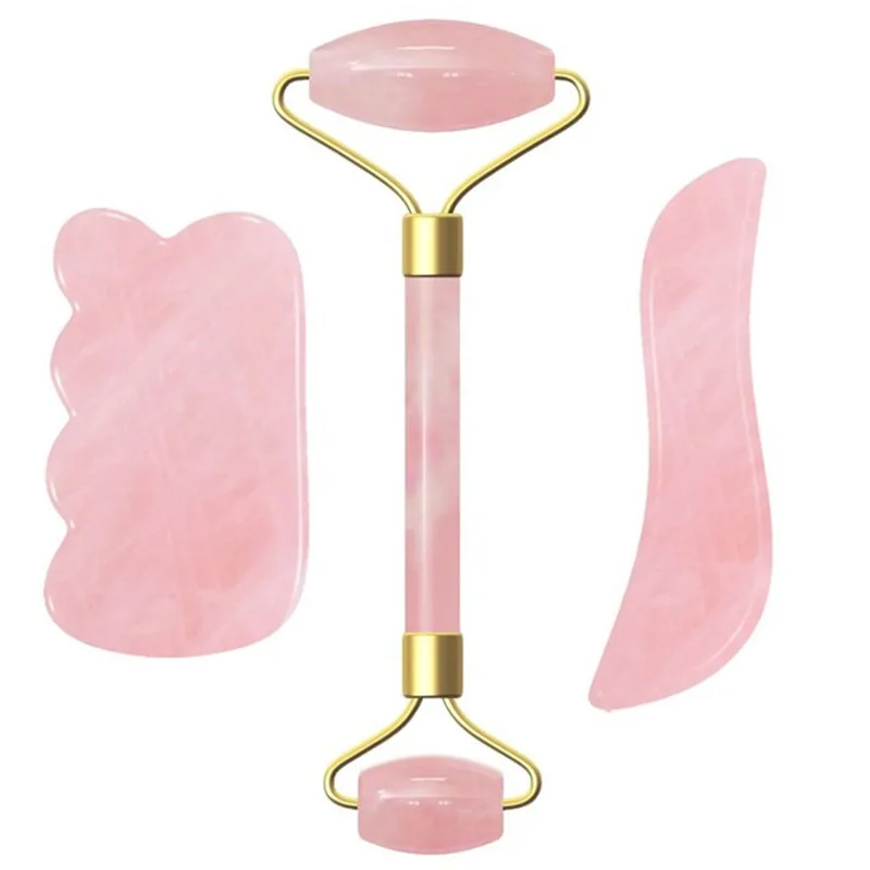 

3PCS/Set Natural Stone Jade Roller Facial Massager Portable Face Lift Tools Rose Quartz Face Roller Skin Care Gua Sha Set Tool