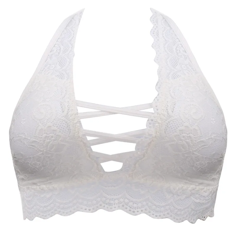 Для женщин с пикантным воротником-хомутом из ленты Bralette спинки Беспроводной короткий топ сексуальный 3/4 стакана цветочные Бюстгальтеры Женские 6 цветов Нижнее белье с подкладками белье - Цвет: White