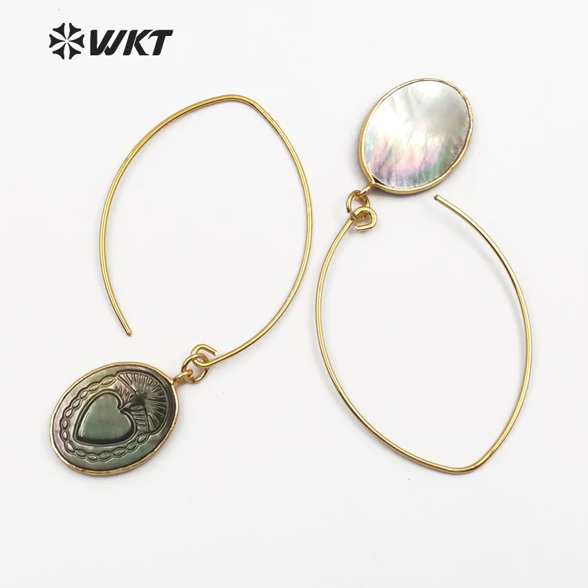 WT-E455 Metal Earwire With Gold Bezel Natural Sea Shell Briolette Earring Mysterious Pattern Women Bohemia Dangle | Украшения и