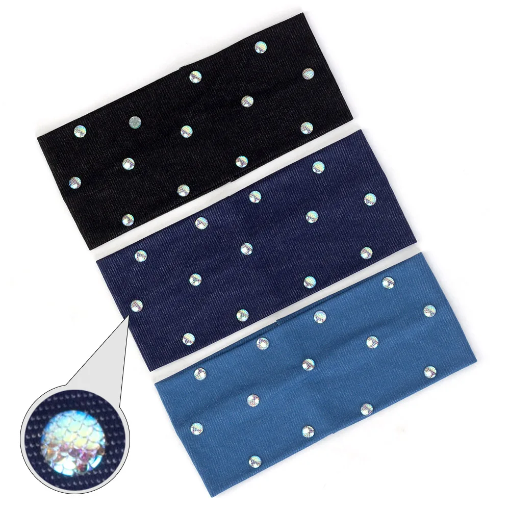 

Women Fashion Denim Hairband Laser Fish Scale Headwear Colorful Rhinestones Accessories Handmade Elastic Headband For Female