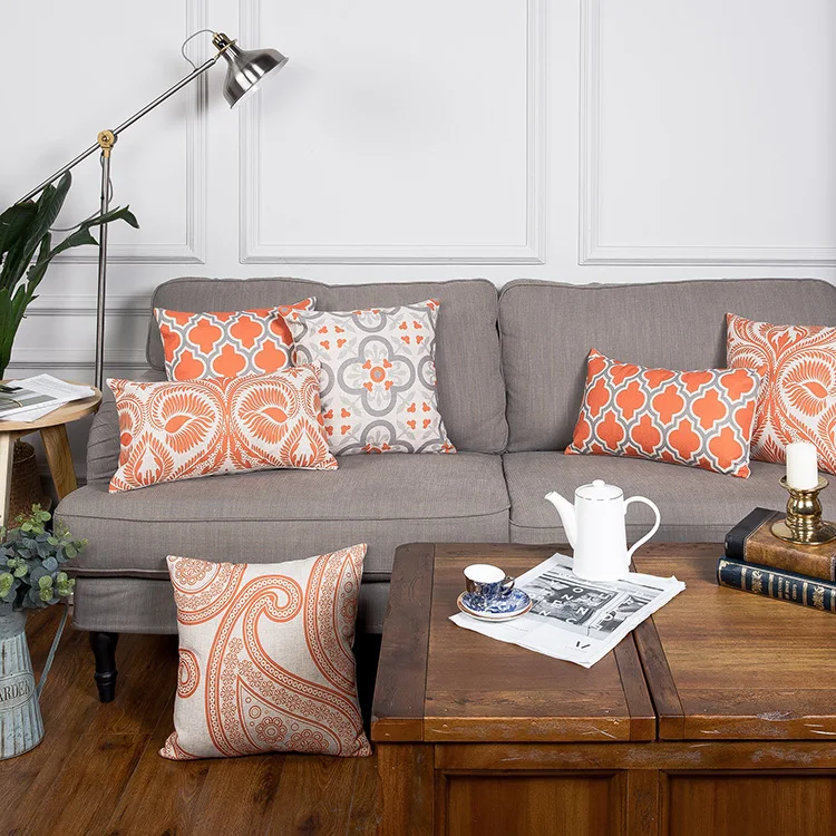 Винтажная Подушка оранжевого и серого цвета с геометрическим рисунком наволочка