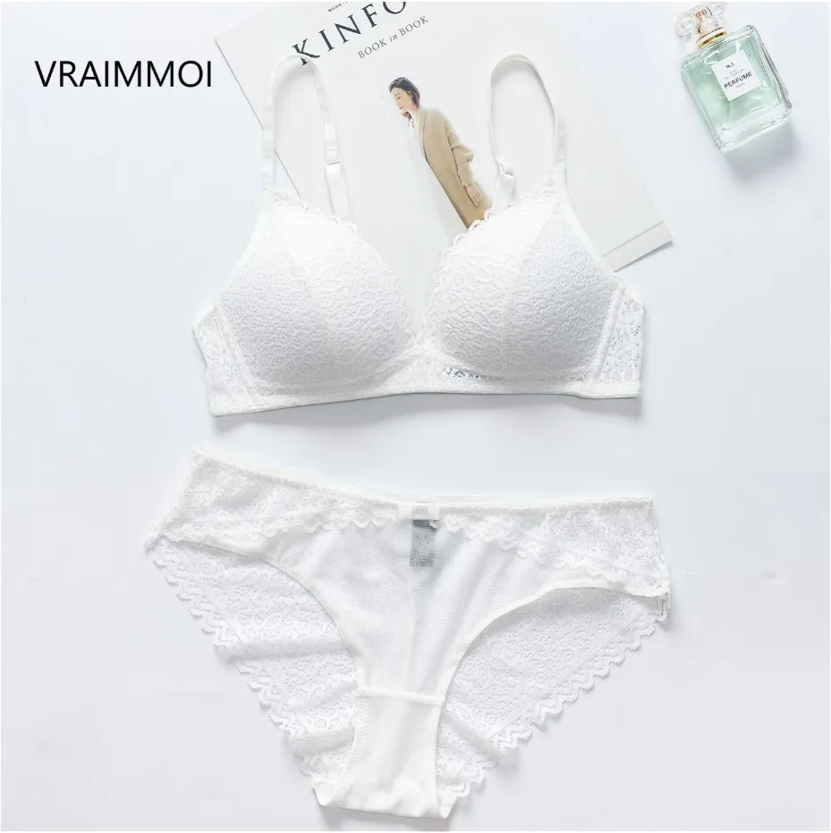 WHITE VRAIMMOI, новинка, бюстгальтер пуш-ап и трусики, набор, бесшовный, бюстгальтер, женское, без проволоки, шелковое нижнее белье, черный/белый, комплект нижнего белья, брендовый Топ, сексуальный - Цвет: WHITE