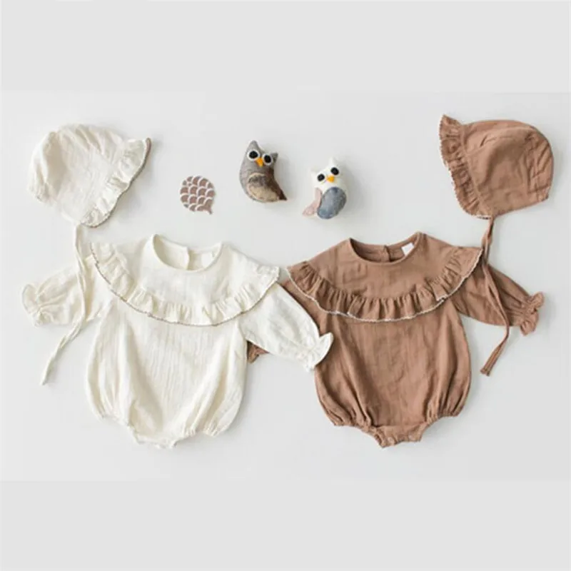 Детский комбинезон с оборками детский хлопковый шапочкой для новорожденных