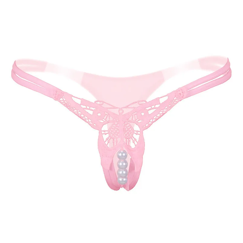 Pink Сексуальное прозрачное нижнее белье с вышивкой, стринги с бабочкой и жемчугом, Женские сексуальные стринги, эротическое белье, трусики P3 - Цвет: Pink