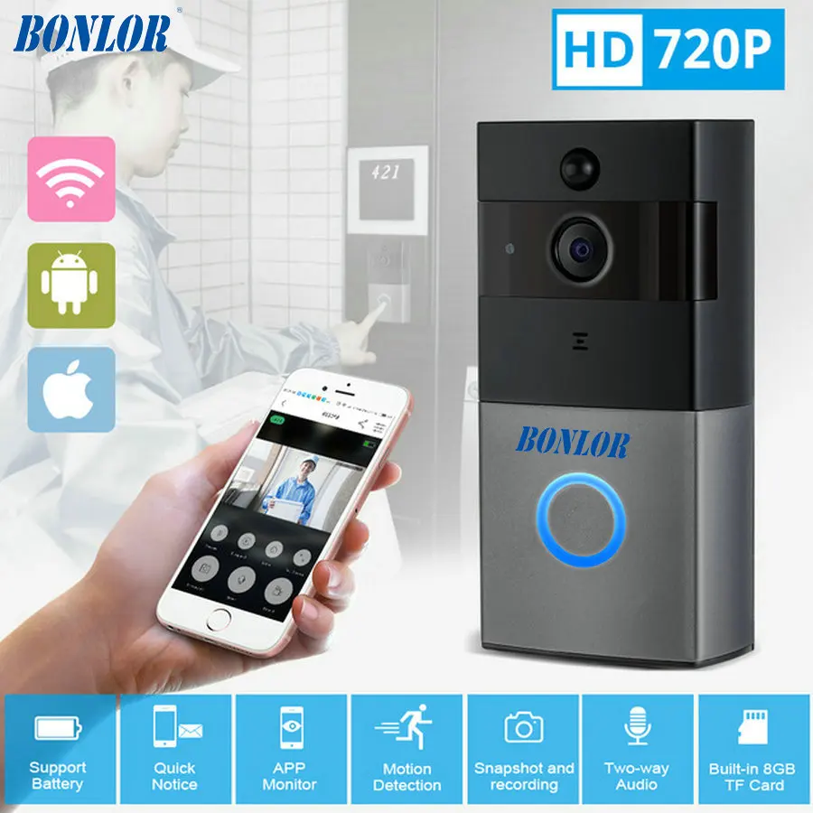 BONLOR Video Intercom Doorbell 720P HD Wifi Security Camera Real-Time Two-Way Talk and Night Version Smart Wireless Doorbell