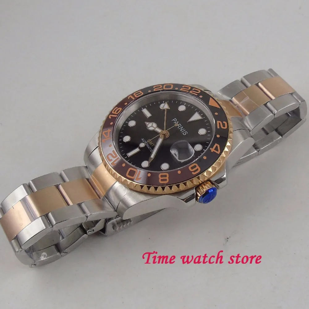 Мужские автоматические часы Parnis 40 мм GMT 3804 Роскошные водонепроницаемые стальные