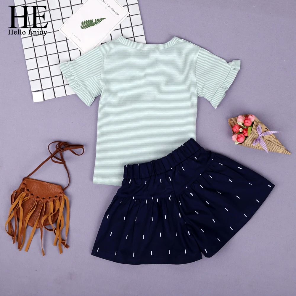 HE Hello Enjoy/комплекты одежды для девочек коллекция года, летняя модная детская одежда детская футболка в полоску с короткими рукавами и надписью+ юбка с бантом, костюмы