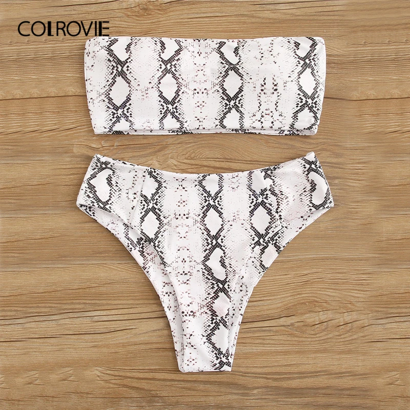 COLROVIE, белый топ-бандо со змеиным принтом, с высокой талией, купальник, Женский комплект бикини,, беспроводной купальник, пляжный купальный костюм