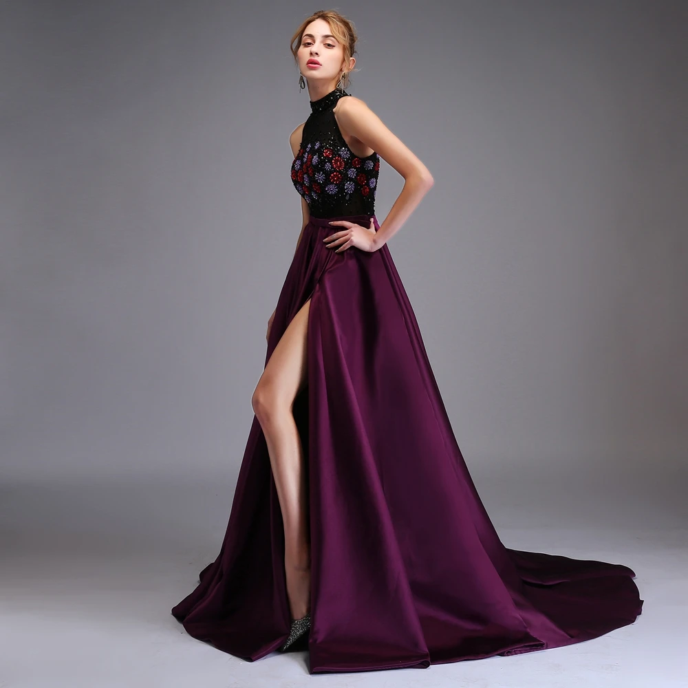 Luxury Evening Dress High-end Custom Purple Satin Halter Beading High-slit Sweep Train Prom Party Formal Gown |