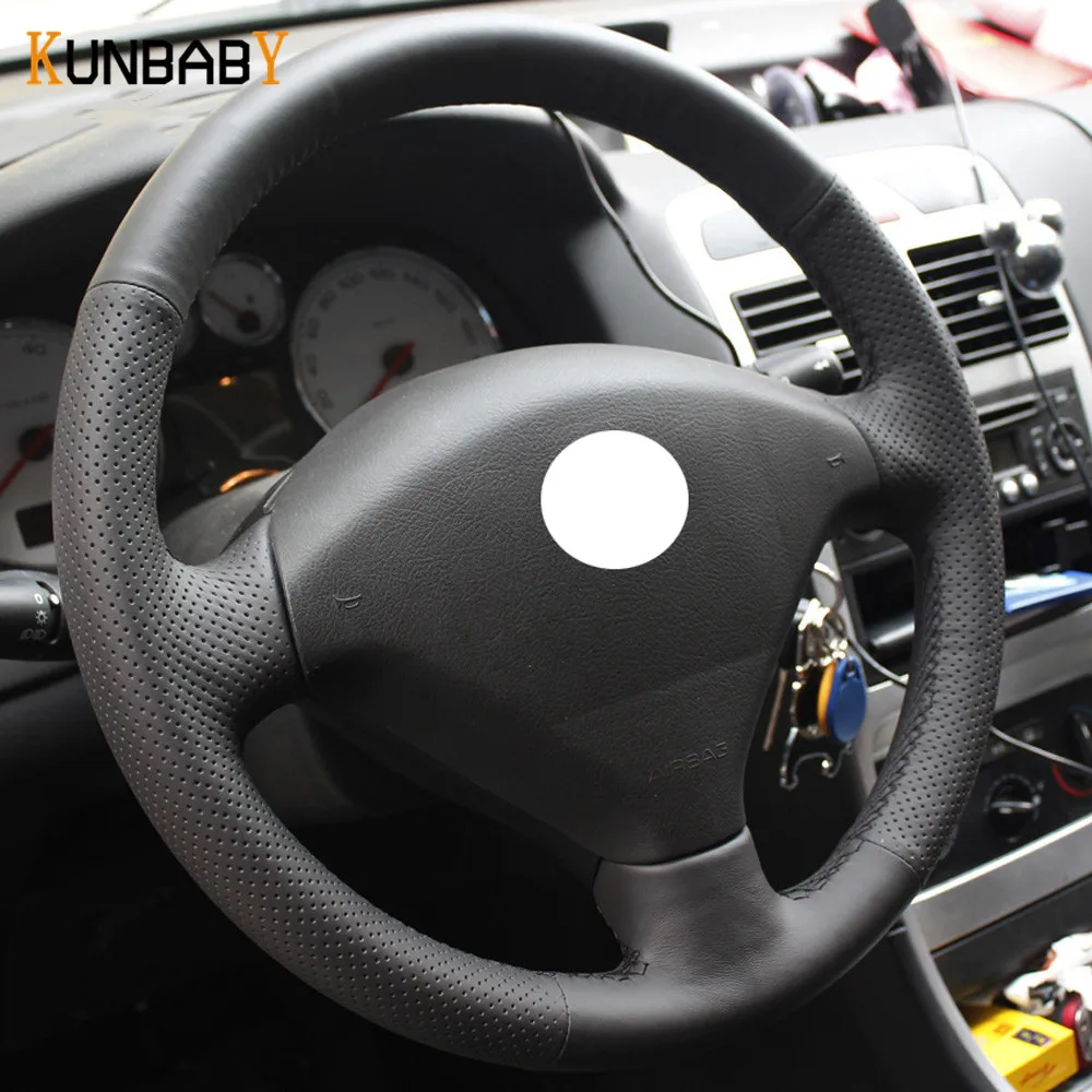 KUNBABY Car Styling Black Genuine Leather Steering Wheel Cover for Peugeot 307 Accessories | Автомобили и мотоциклы
