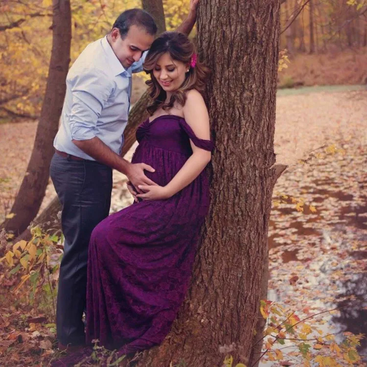 Purple Кружевное Макси-платье беременности и родам Подставки для фотографий Беременность платье для беременных, с длинным рукавом платье для фотосессии для беременных женское платье - Color: Purple