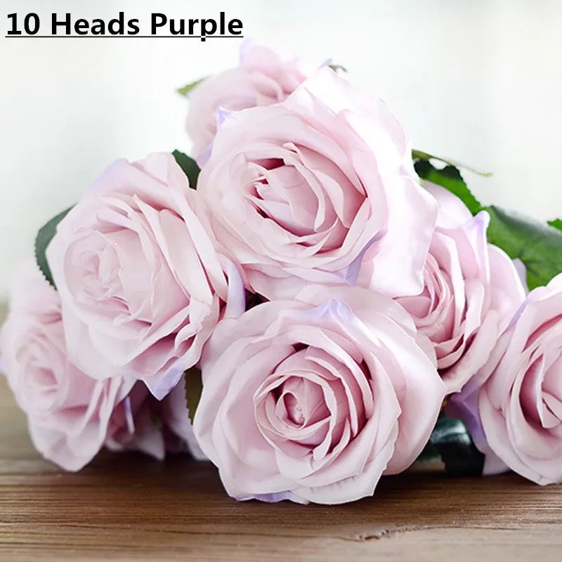 10 heads purple Дешевые 7/9/10 глав один пучок искусственный букет роз Шелковый декоративный цветок Свадебная вечеринка Рождественский Декор цветок материалы искусственные цветы тычинки цветов декор дома - Цвет: 10 heads purple
