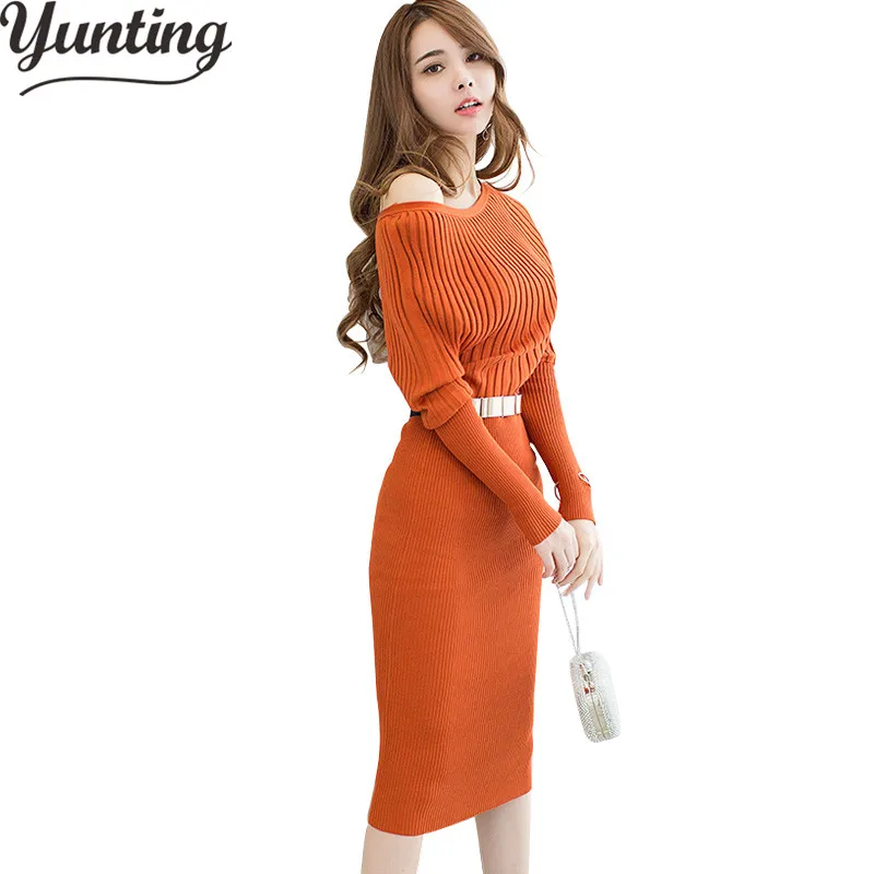 New Autumn Winter Women Sweater Dress Bodycon Slim Dress Ladies Elastic Thicken Pencil Knit Dress