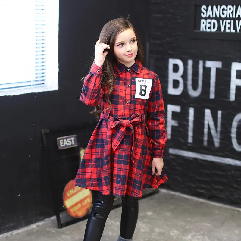 2016 Осень Красный Плед Платья Девушки Дети 10 Лет С Длинными Рукавами платье для