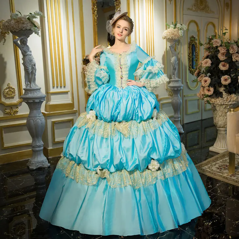 

2018 Blue Square Collar Masquerade Party Long Dress 18th Century European Court Rococo Baroque Ball Gowns Theater Costumes