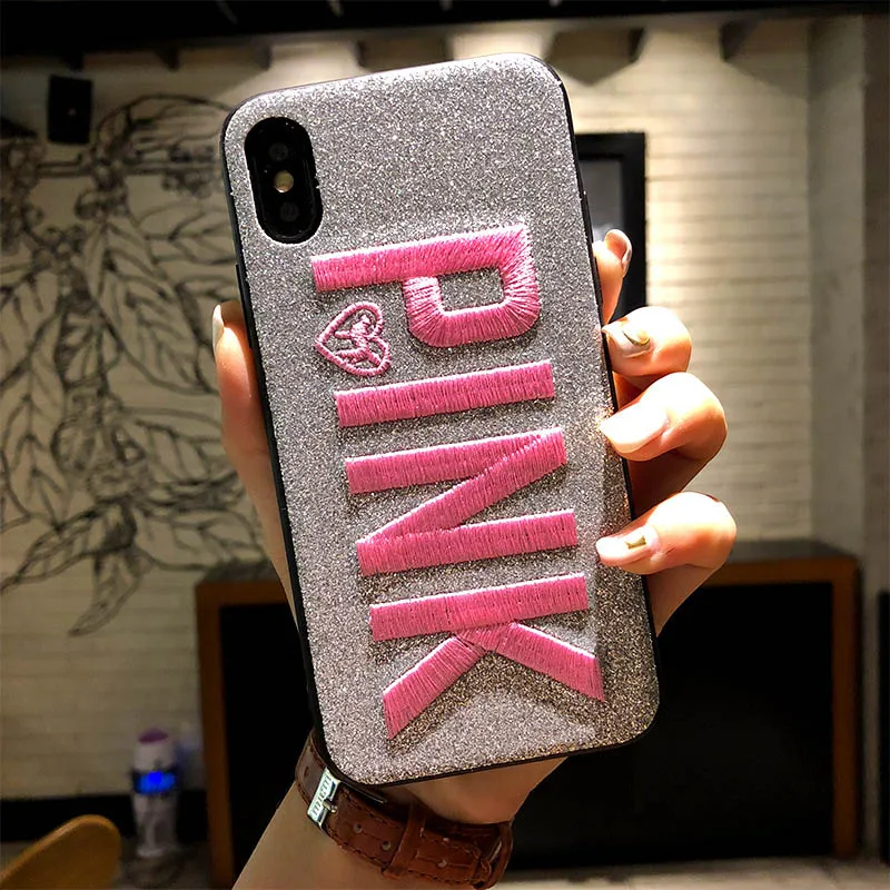Fashion Pink Style Embroidery Mobile Phone Cases For iPhone X Glitter Back Cover 7 8 Plus Anti-knock Telefone Caixa |