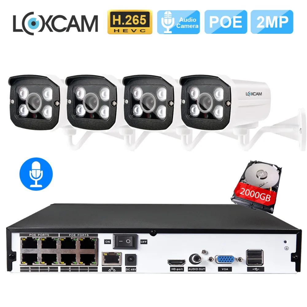 H.265 8CH 4MP POE NVR CCTV Системы 4 шт. 2MP 1080 P камеры безопасности наружного аудио записи