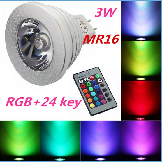 3 Вт RGB Светодиодная лампа 16 цветов меняющая свет прожектор E27/GU10 AC86 265V MR16 DC12V + 24