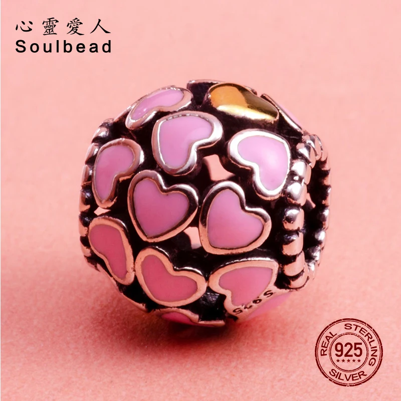 Soulbead Pink Charms Love 925 Original Gold Tone Beads with Enamel Heart Fit European Charm Bracelet Girlfriend Gift | Украшения и