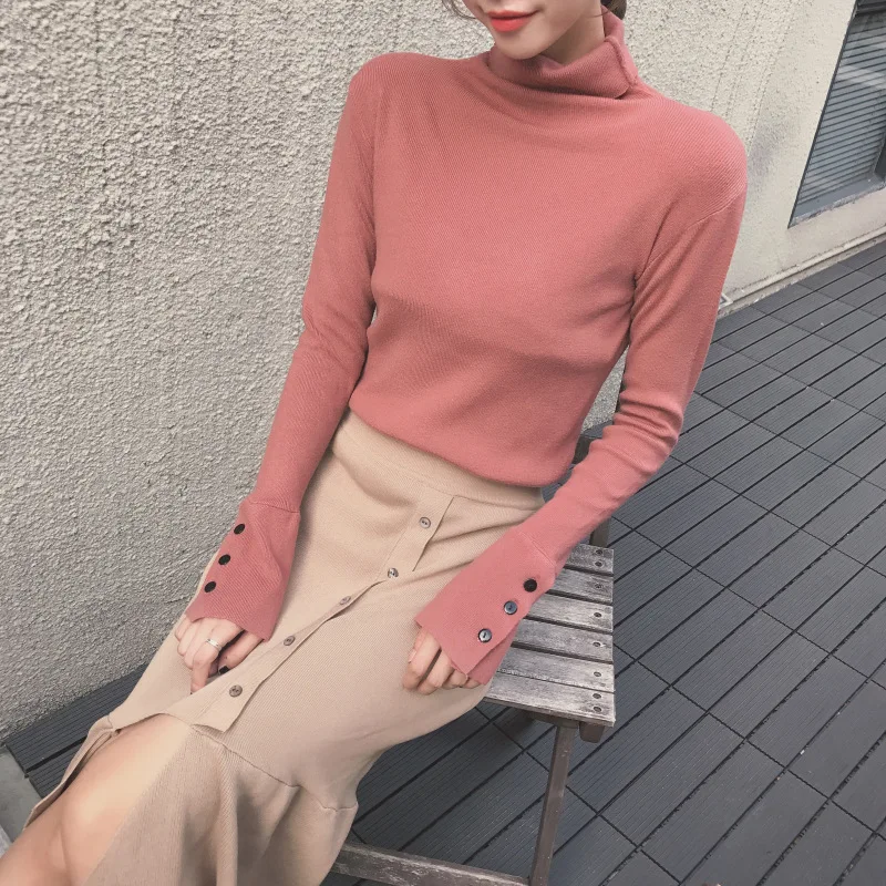 

NORMOV Fashion Women Tops White Turtleneck Long Sleeve With Button Cotton Pullovers Casual Feminino Tops