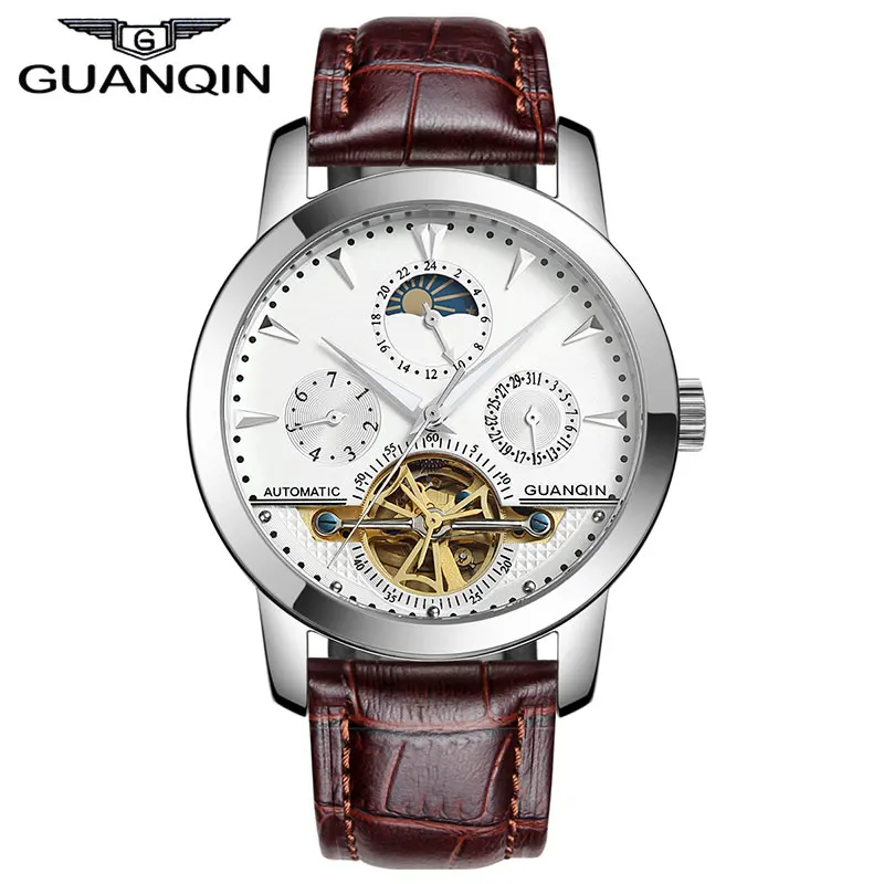 Оригинал GUANQIN Автоматические Механические Tourbillon Часы Мужчины Кожаный Ремешок