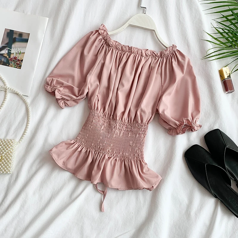OCEANLOVE Solid Puff Sleeve Short Blouse Women Slash Neck Off Shoulder Top Shirt 2020 Summer Belt Lace Up Korean Blusas 11890 |