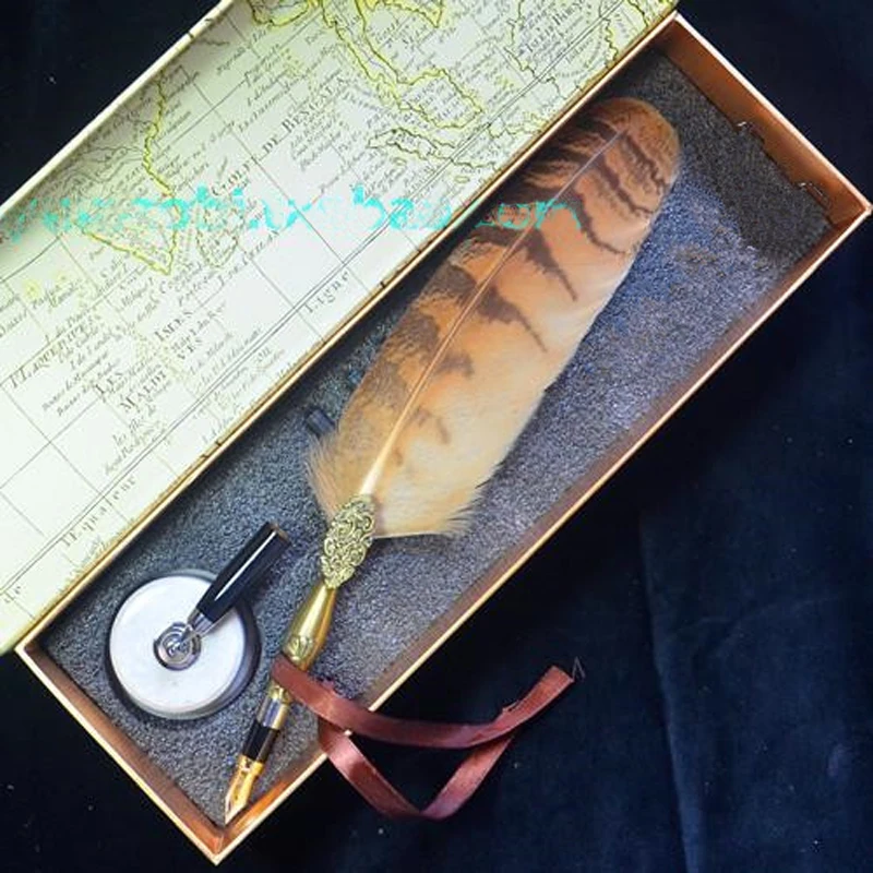 Signature Quill Owl Feather Fountain Pen Set with Ceraminc Pen Holder Sacs Retro Carving Wedding Gift Handwriting Pen