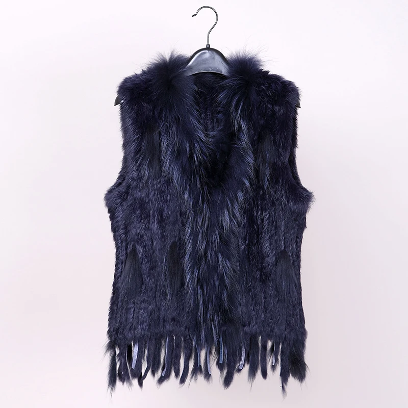 navy blue VR001 Женский жилет из натурального кроличьего меха с воротником из меха енота жилет/куртки из кролика Рекс вязанный зимний - Цвет: navy blue