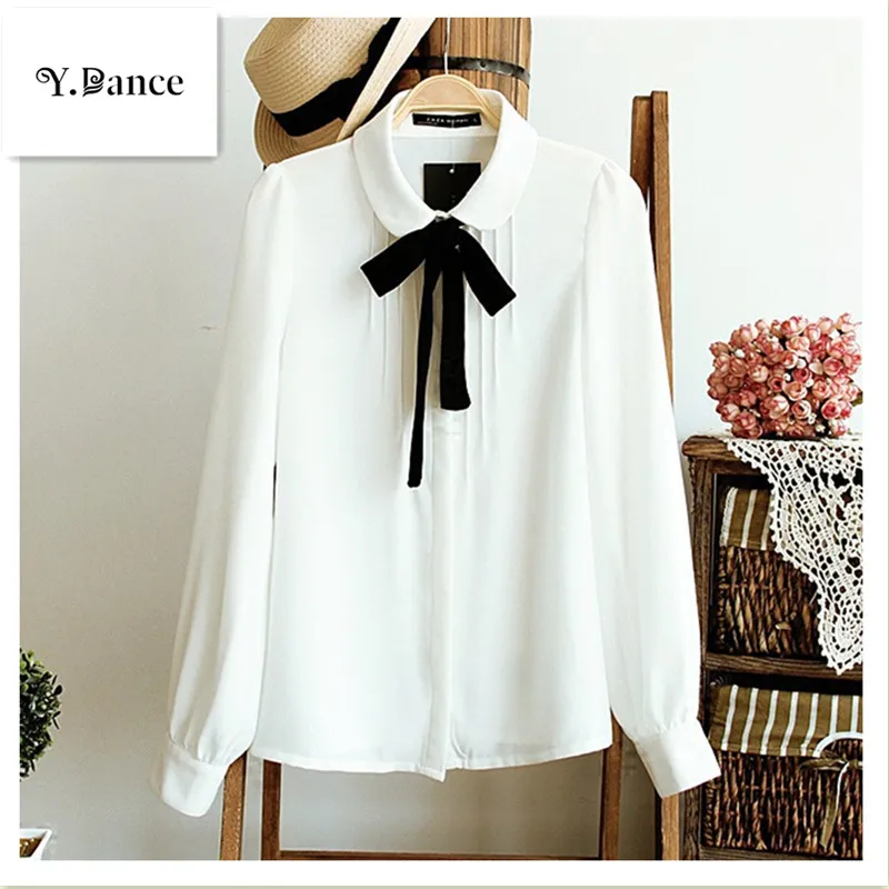 Sell like hot cakes Fashion female elegant bow tie white blouses Chiffon peter pan collar casual shirt Ladies tops school blouse |
