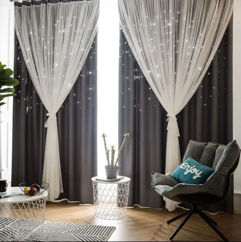 

Nordic Ins Modern Tulle+Black Out Double Curtains with StarTassel High Black Out Blinds Window Curtains For Livingroom