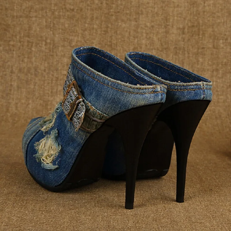 Туфли женские с острым носком джинсовые шлепанцы пряжкой и ремешком на тонком
