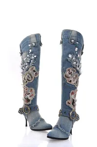 High Quality Women Wash Denim Beaded High Heel Knee Length Boots Thin Heel Motorcycle Jeans Boots Real Photo Free Ship