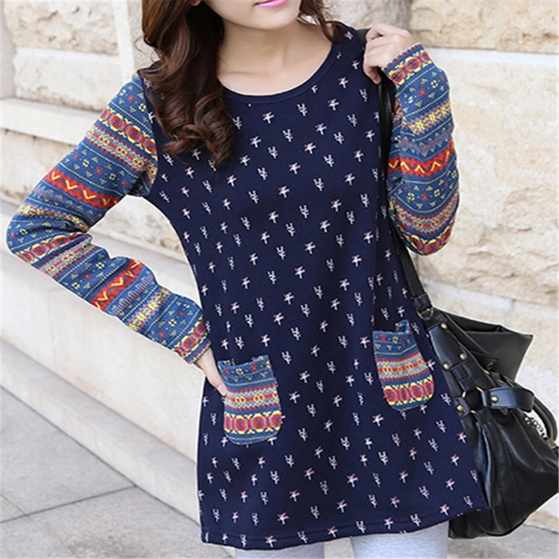 

New Fashion Big Size Women T-shirt Nice National Wind Sweet Wave Point Stitching Flowers Long-sleeved A525