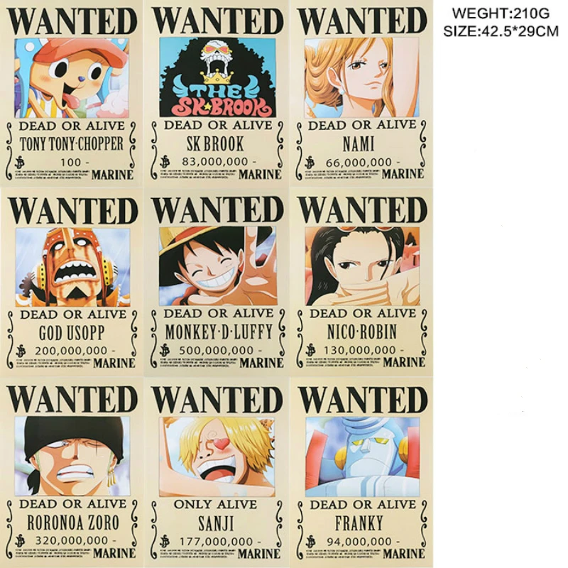 9 PCS/LOT ONE PIECE Wanted Posters Newest Anime Poster Size 42x29 cm ONEPIECE Toys Monkey D. Luffy Roronoa Zoro Bounty WX267