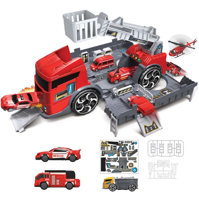 Kids Puzzle Toys Deformation Fire Engineering Vehicle Storage Parking Lot Parent-Child Interaction Inertia Car Model Set - Цвет: Red