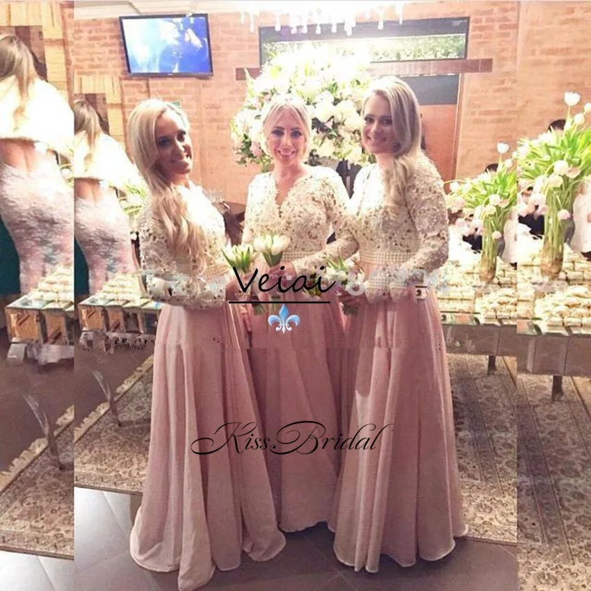 

New Arrival Long Bridesmaid Dresses 2017 V-neck Long Sleeves Floor Length A-Line Lace Chiffon Prom Dresses Vestido longo