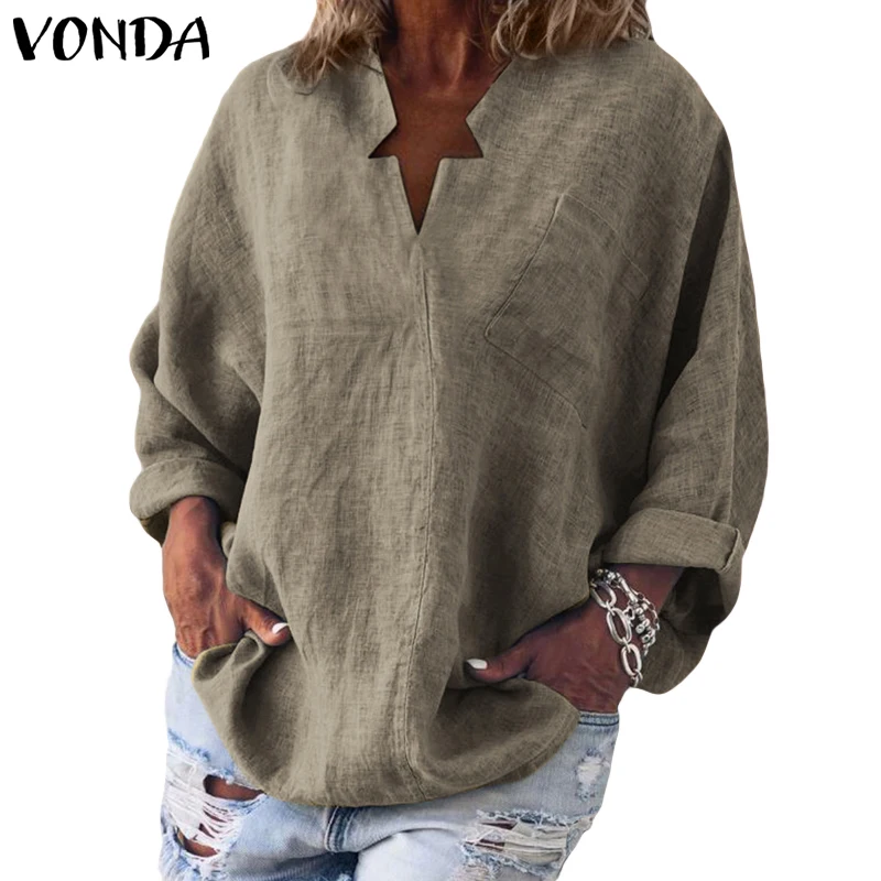 VONDA, 6 цветов, Женская винтажная блуза, Повседневная рубашка,, осень, длинный рукав, v-образный вырез, топы, OL Blusas, Пляжная Женская Туника размера плюс