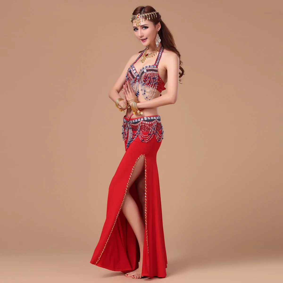 Женский костюм для танца живота комплект из 3 предметов: бюстгальтер + пояс