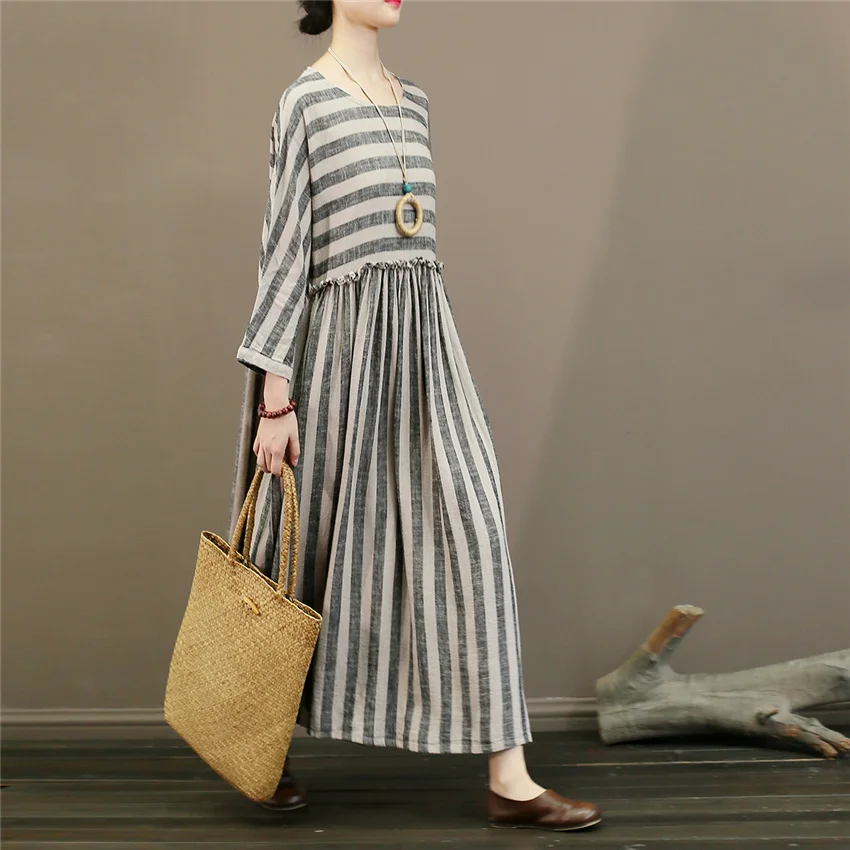 Женский халат в полоску хлопковый льняной с высокой талией Осенний новый
